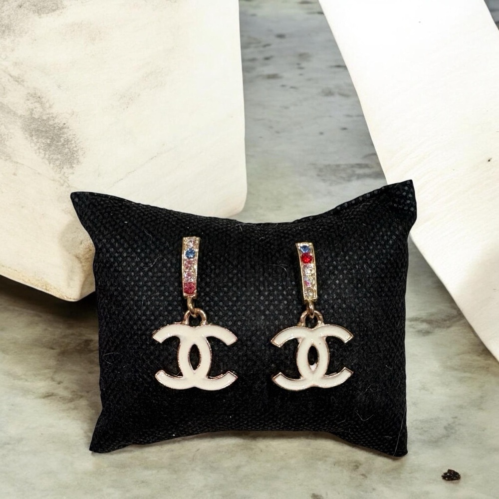 White Earrings with Multicolor Stones